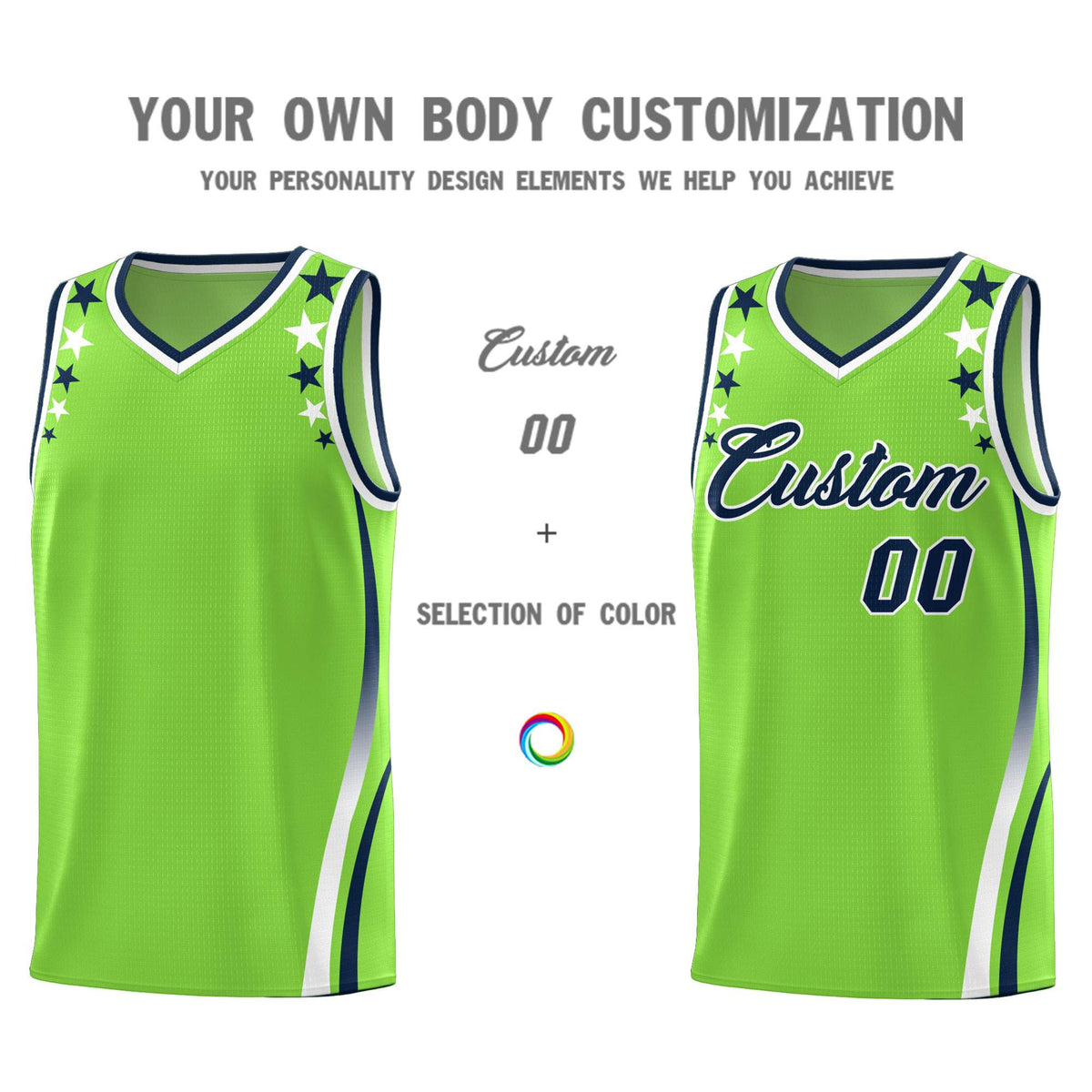 Custom Neon Green Shoulders Star Pattern Side Color Block Sports Uniform Basketball Kits