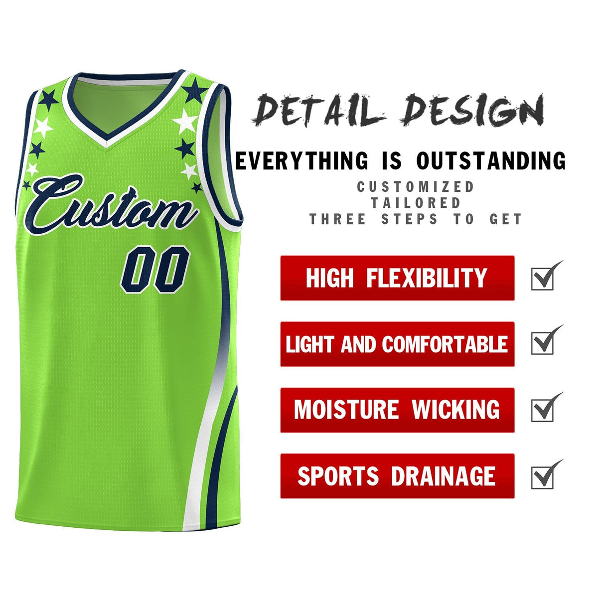 Custom Neon Green Shoulders Star Pattern Side Color Block Sports Uniform Basketball Kits