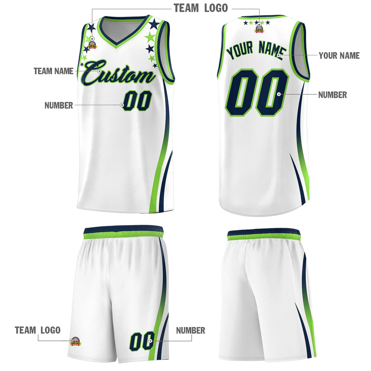 Custom White Shoulders Star Pattern Side Color Block Sports Uniform Basketball Kits