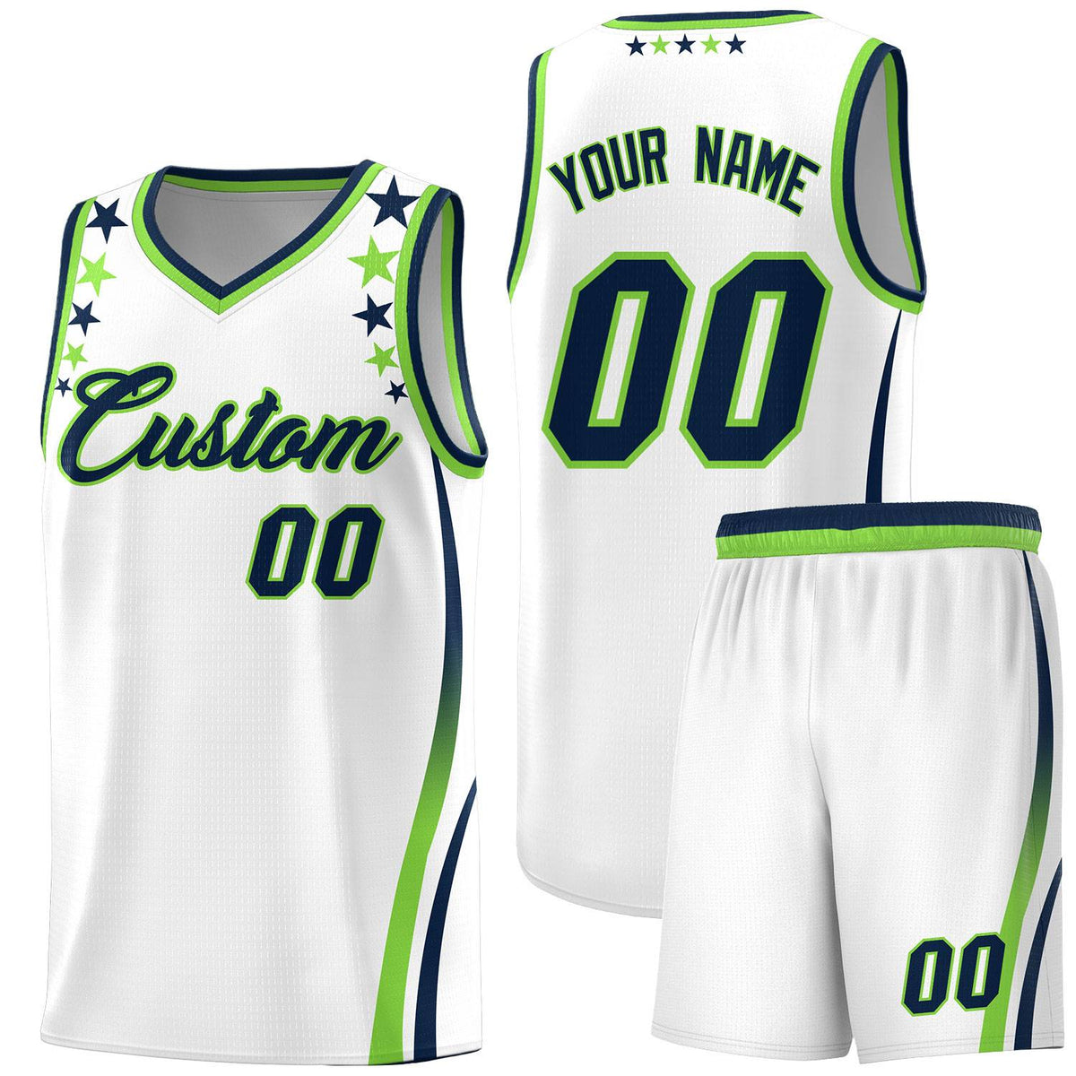 Custom White Shoulders Star Pattern Side Color Block Sports Uniform Basketball Kits