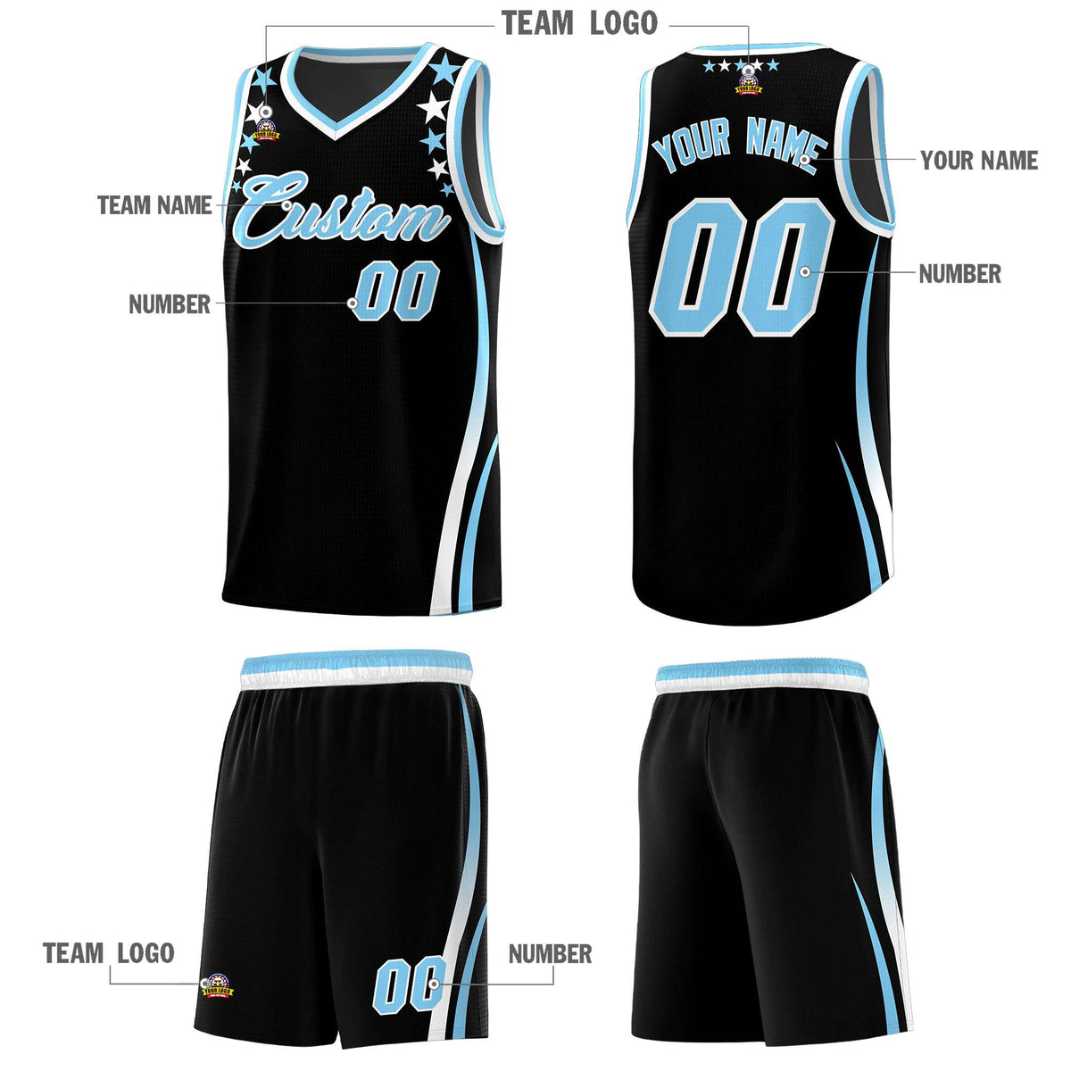 Custom Black Shoulders Star Pattern Side Color Block Sports Uniform Basketball Kits