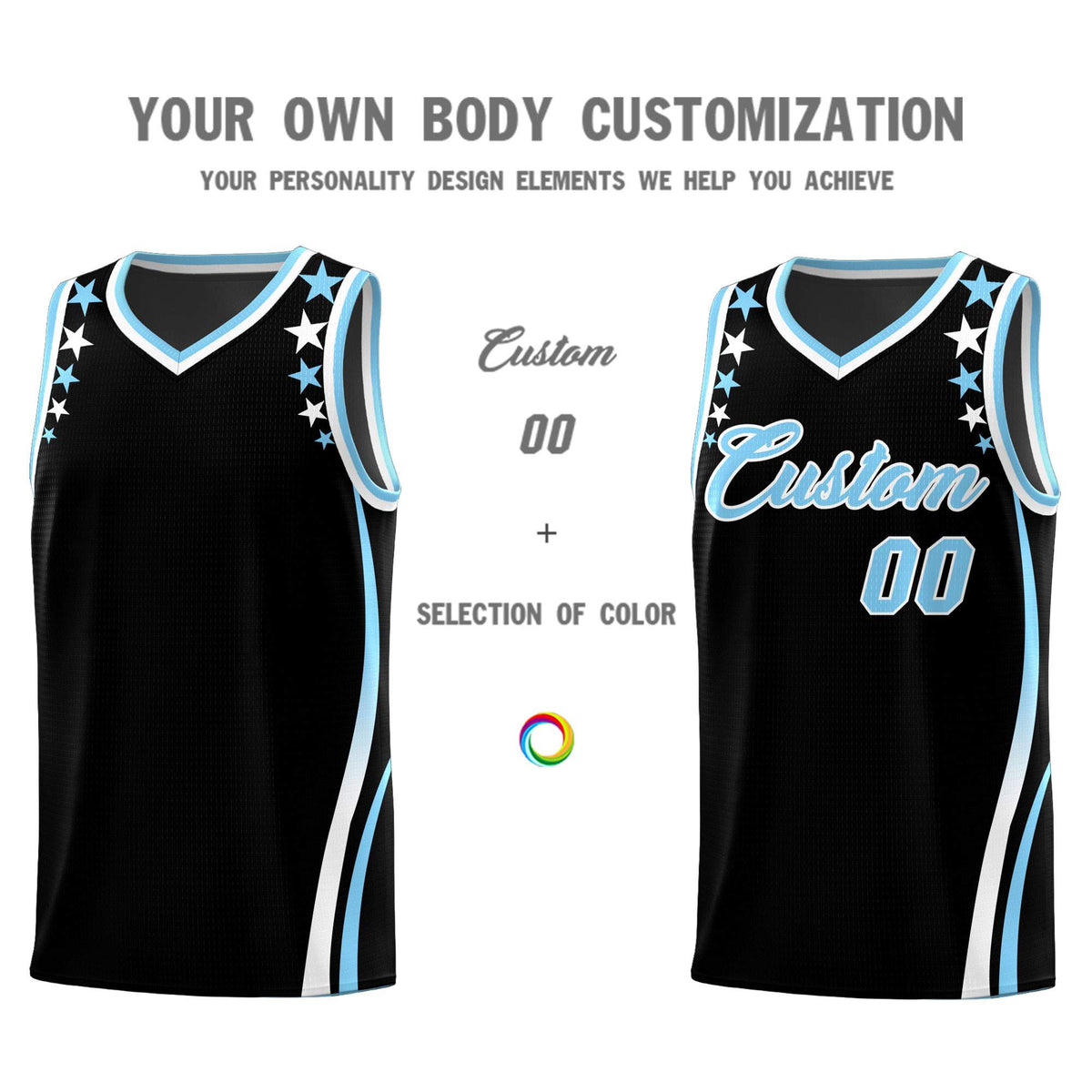 Custom Black Shoulders Star Pattern Side Color Block Sports Uniform Basketball Kits