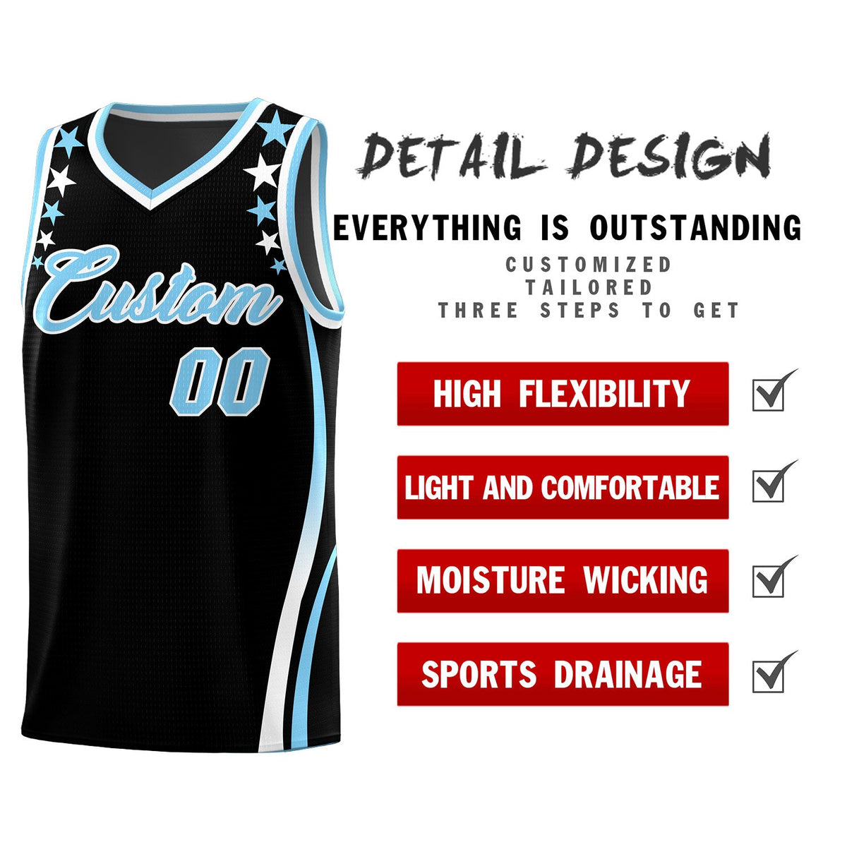 Custom Black Shoulders Star Pattern Side Color Block Sports Uniform Basketball Kits
