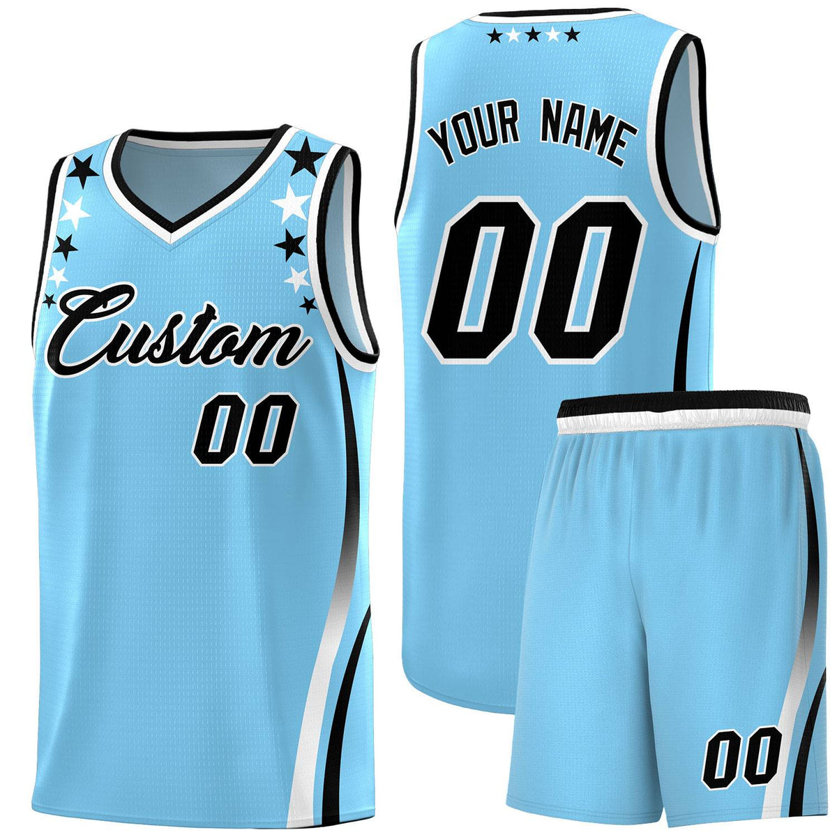 Custom Light Blue Shoulders Star Pattern Side Color Block Sports Uniform Basketball Kits