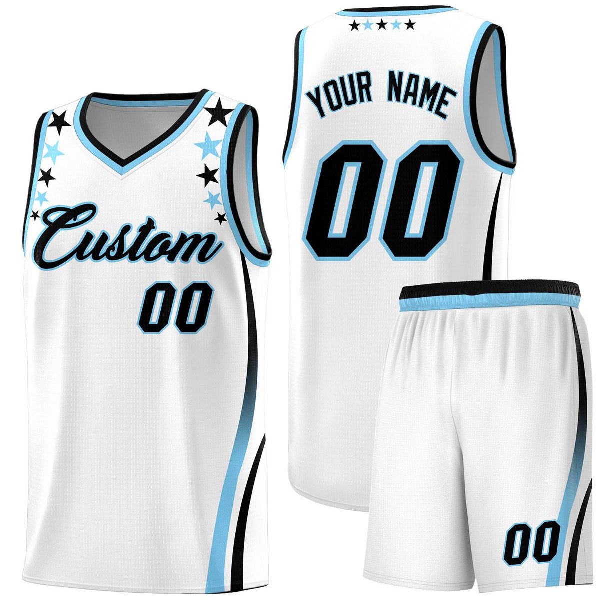 Custom White Shoulders Star Pattern Side Color Block Sports Uniform Basketball Kits