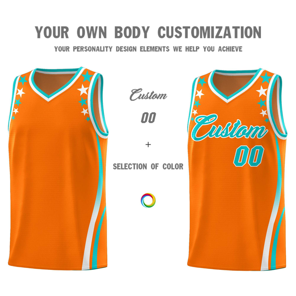 Custom Orange Shoulders Star Pattern Side Color Block Sports Uniform Basketball Kits