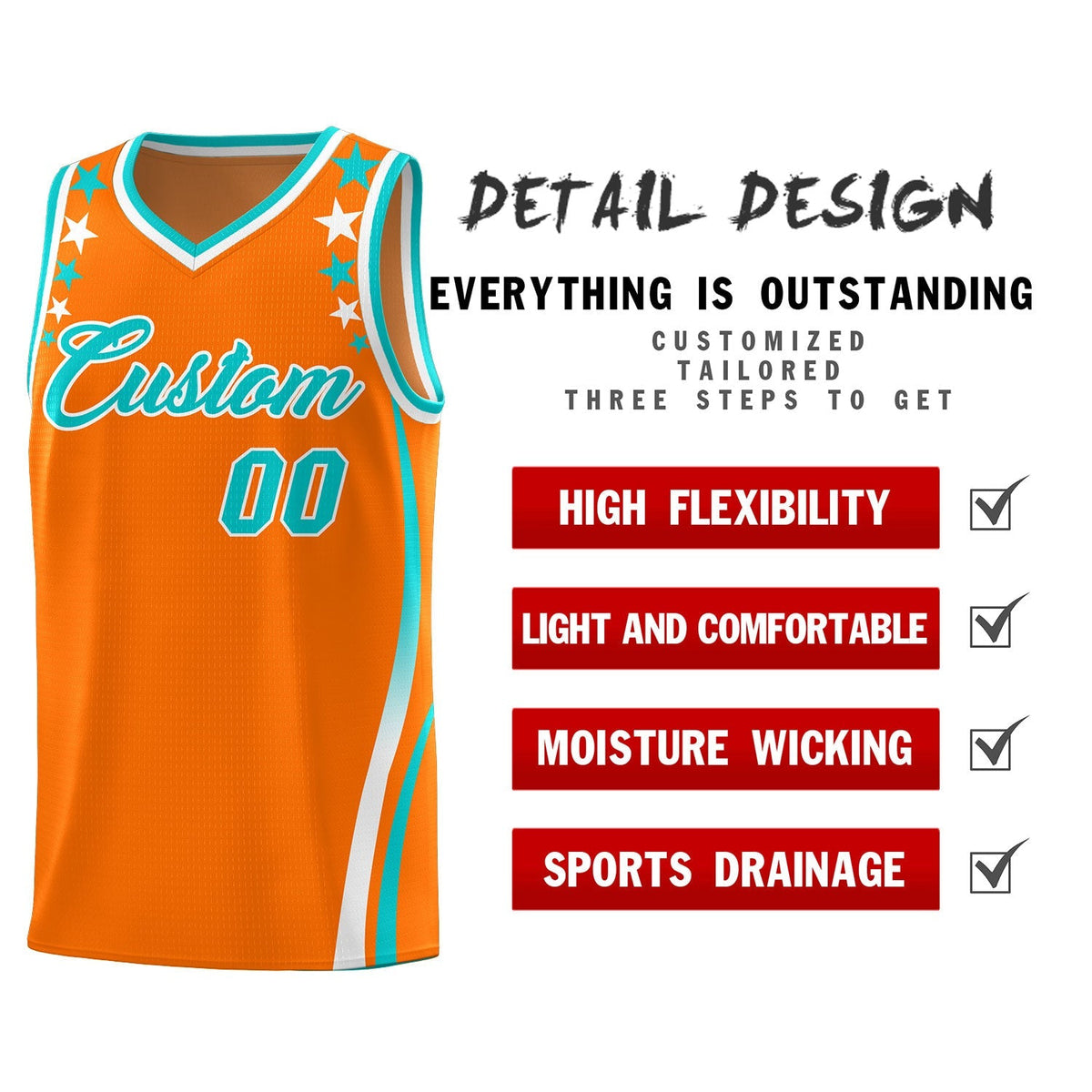 Custom Orange Shoulders Star Pattern Side Color Block Sports Uniform Basketball Kits