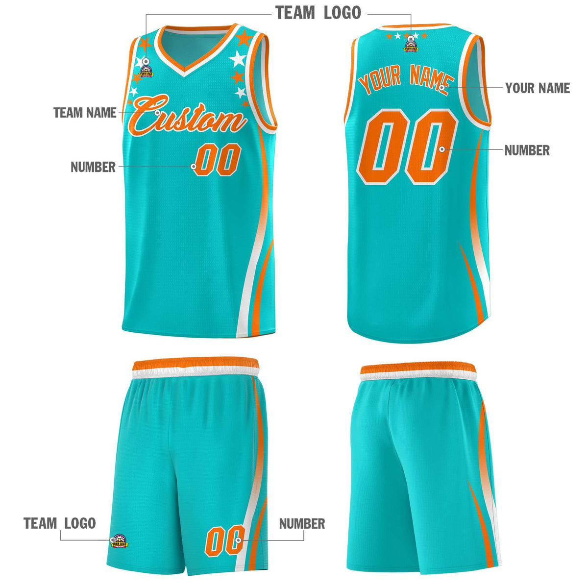 Custom Sky Blue Shoulders Star Pattern Side Color Block Sports Uniform Basketball Kits