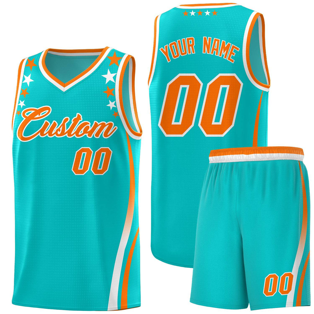Custom Sky Blue Shoulders Star Pattern Side Color Block Sports Uniform Basketball Kits