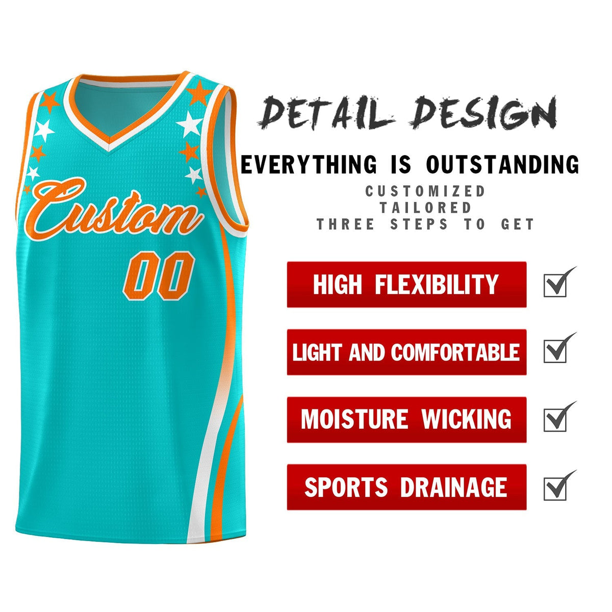 Custom Sky Blue Shoulders Star Pattern Side Color Block Sports Uniform Basketball Kits