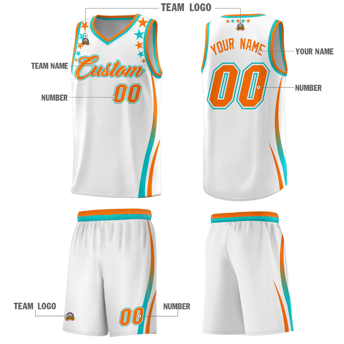 Custom White Shoulders Star Pattern Side Color Block Sports Uniform Basketball Kits