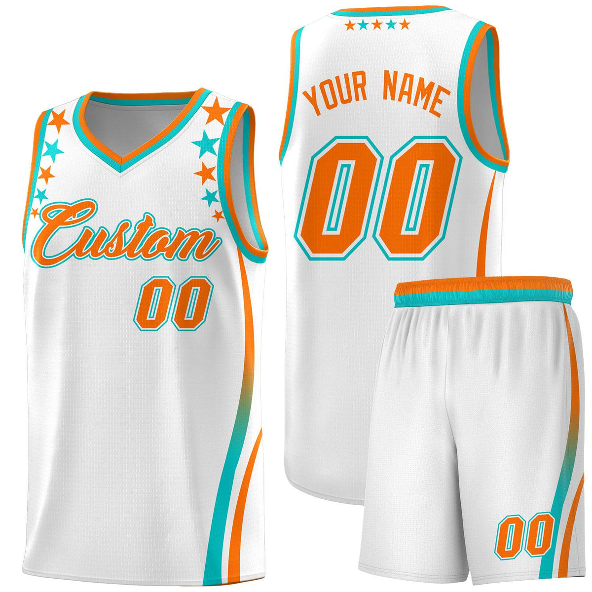 Custom White Shoulders Star Pattern Side Color Block Sports Uniform Basketball Kits