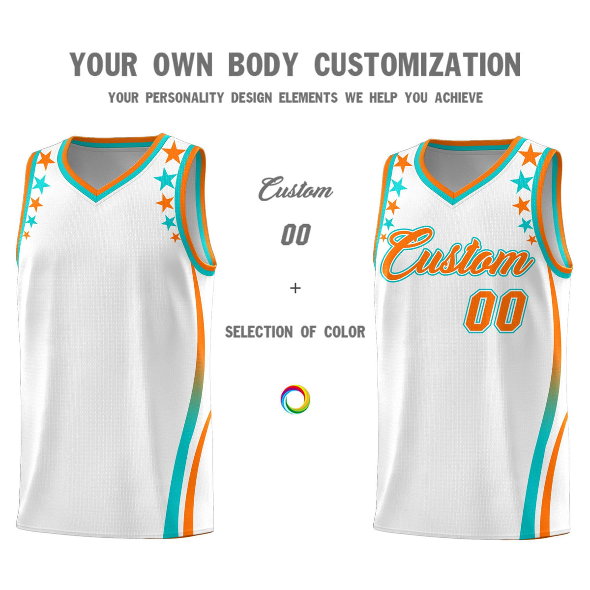 Custom White Shoulders Star Pattern Side Color Block Sports Uniform Basketball Kits