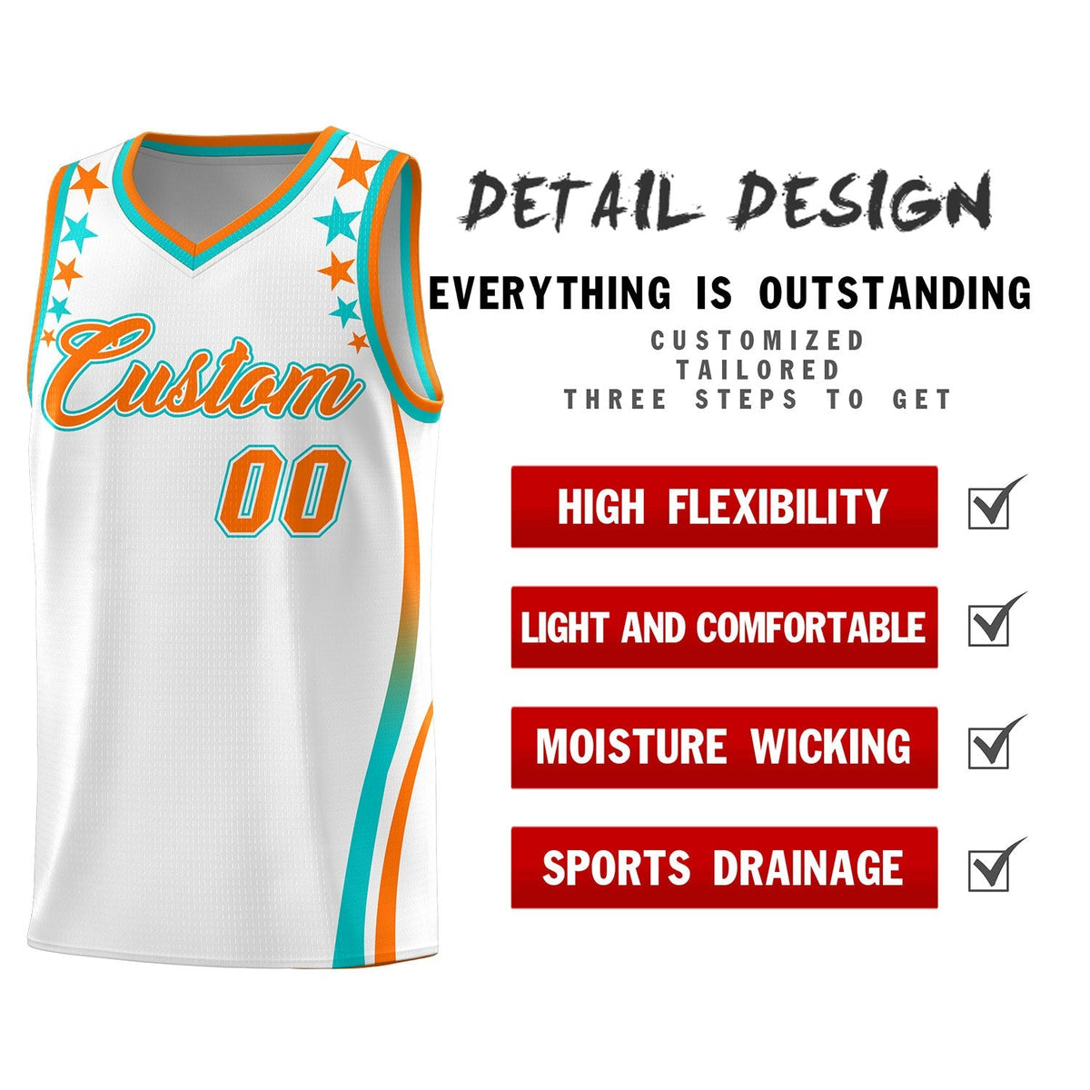 Custom White Shoulders Star Pattern Side Color Block Sports Uniform Basketball Kits