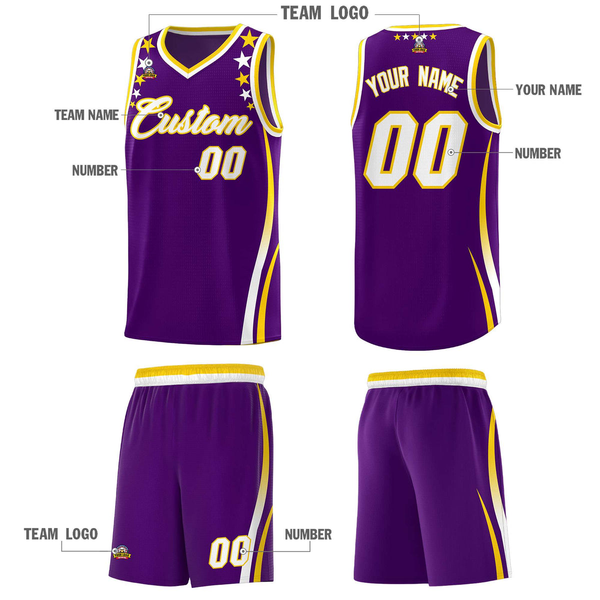 Custom Purple Shoulders Star Pattern Side Color Block Sports Uniform Basketball Kits