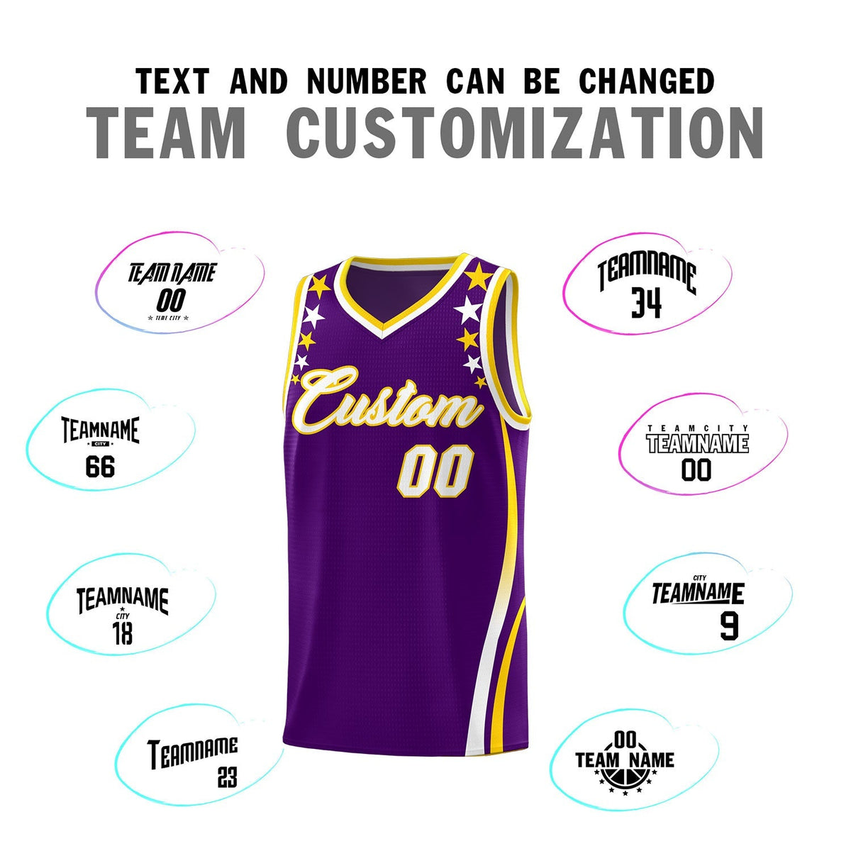 Custom Purple Shoulders Star Pattern Side Color Block Sports Uniform Basketball Kits