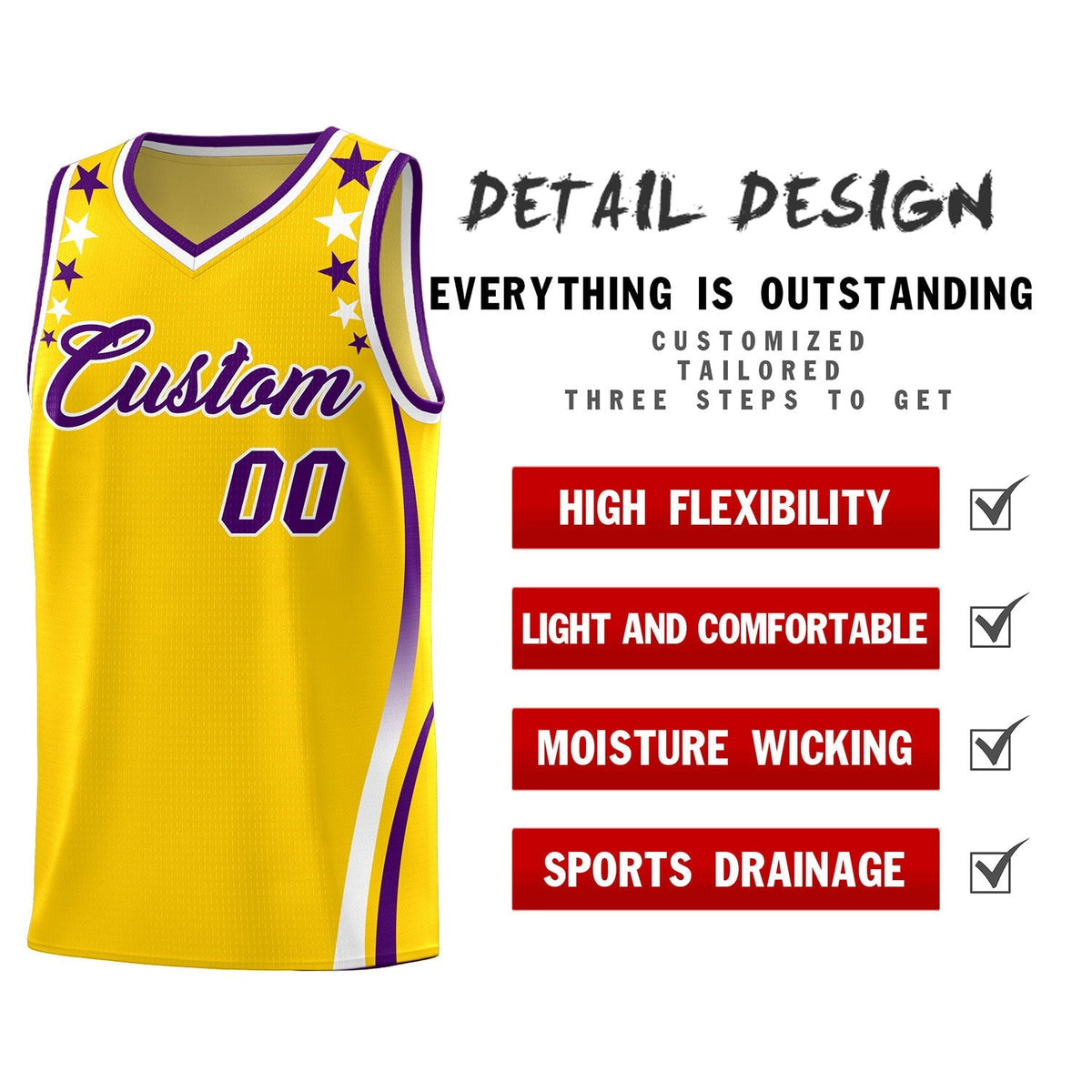 Custom Gold Shoulders Star Pattern Side Color Block Sports Uniform Basketball Kits