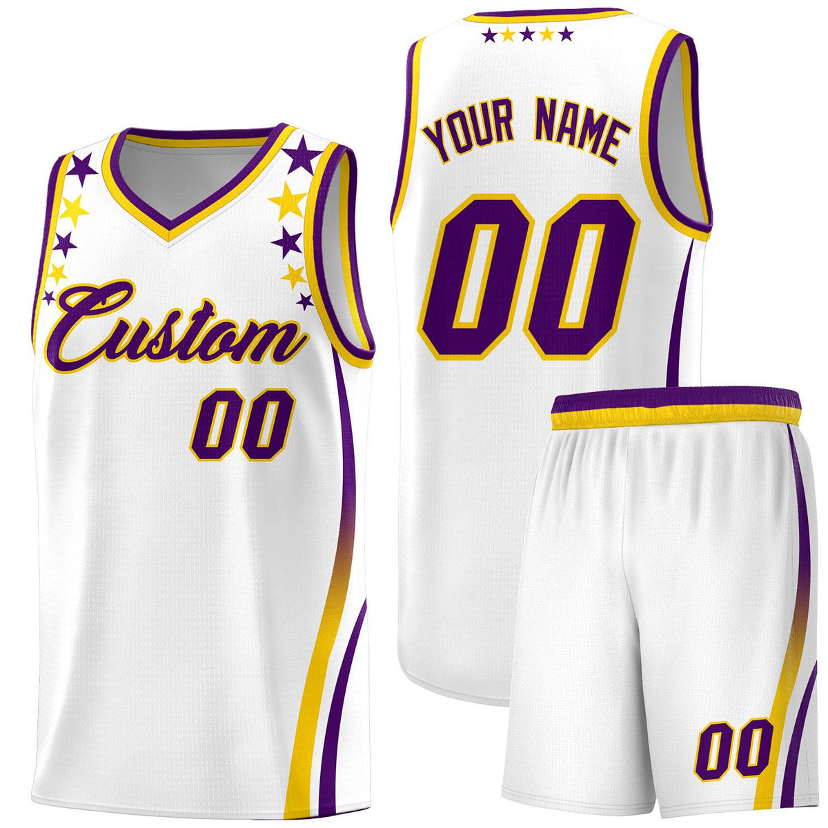 Custom White Shoulders Star Pattern Side Color Block Sports Uniform Basketball Kits