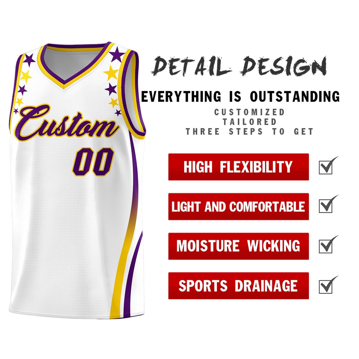 Custom White Shoulders Star Pattern Side Color Block Sports Uniform Basketball Kits