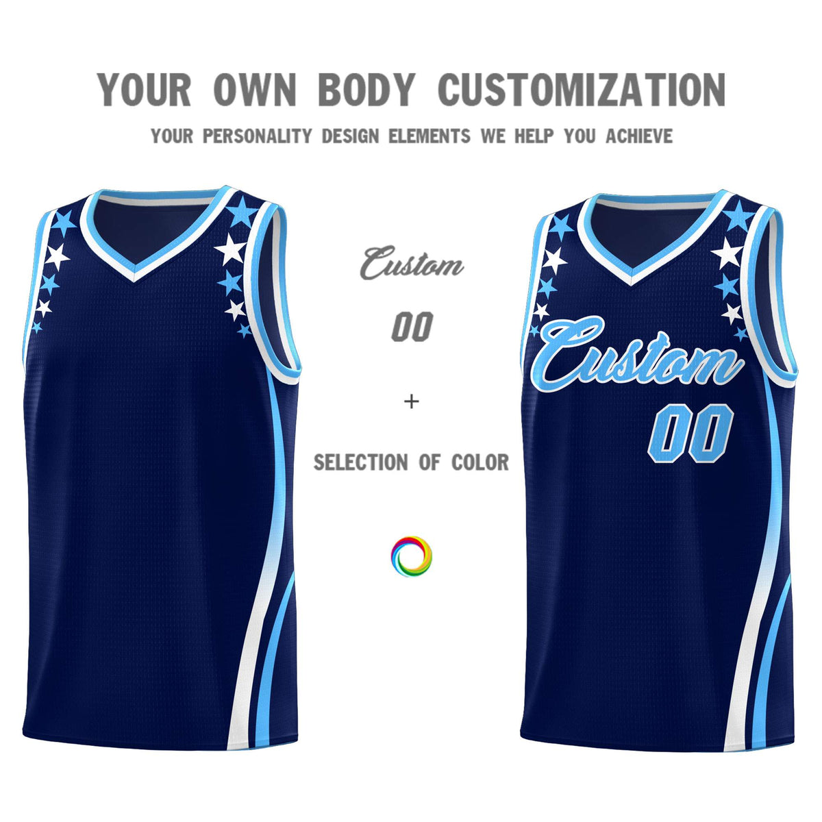 Custom Navy Shoulders Star Pattern Side Color Block Sports Uniform Basketball Kits