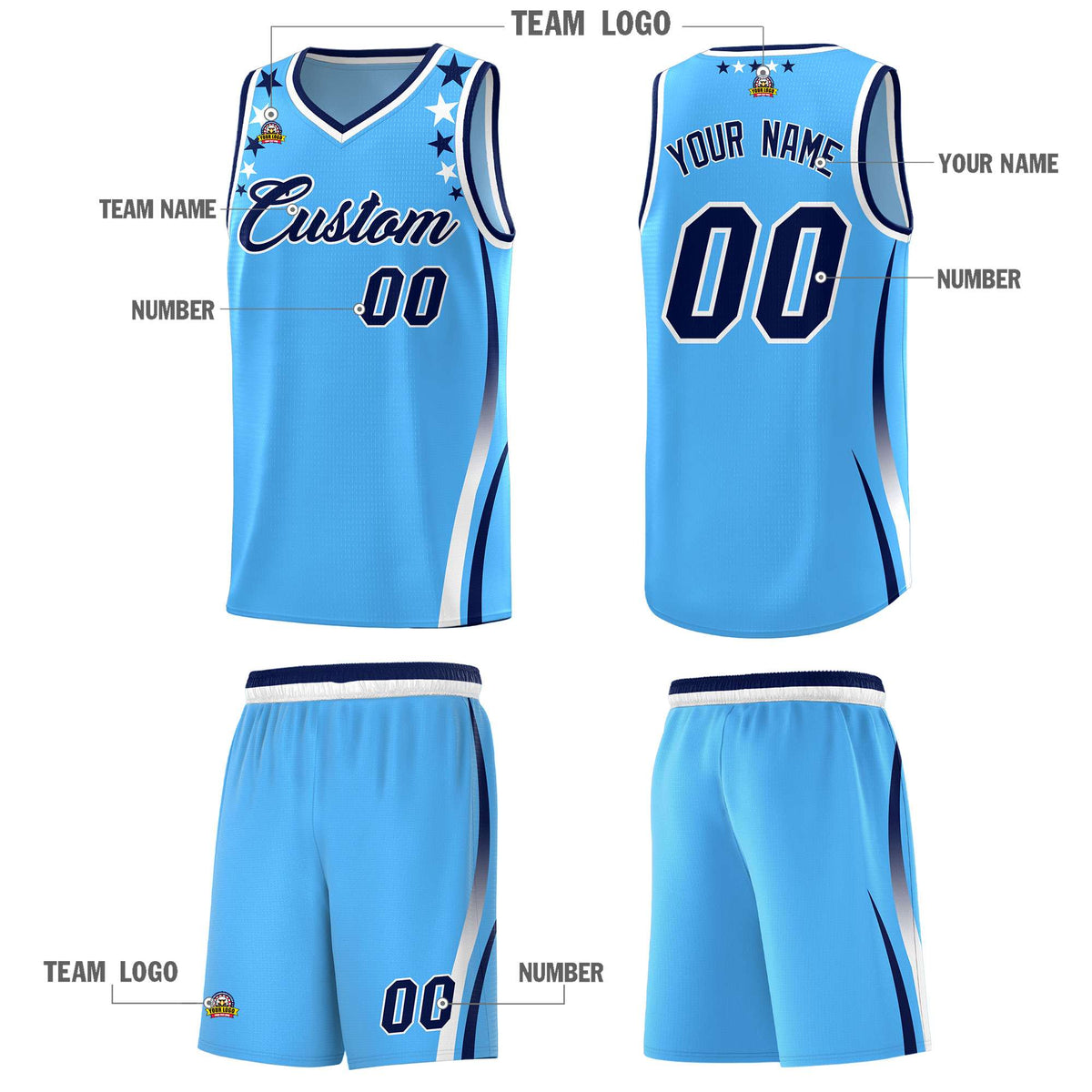 Custom Light Blue Shoulders Star Pattern Side Color Block Sports Uniform Basketball Kits