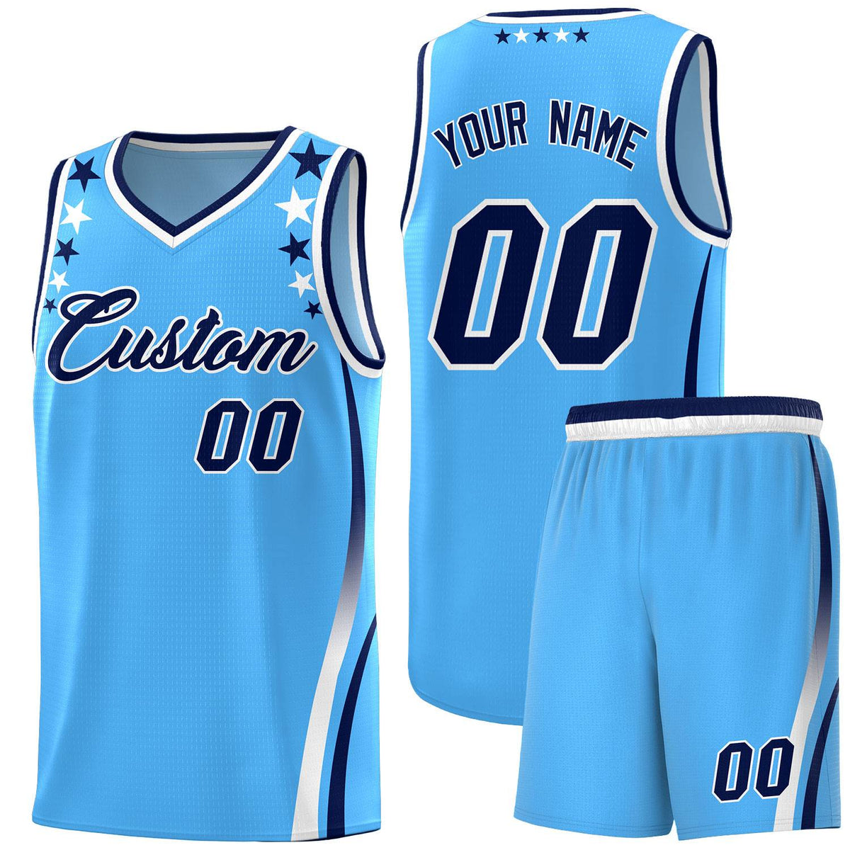 Custom Light Blue Shoulders Star Pattern Side Color Block Sports Uniform Basketball Kits