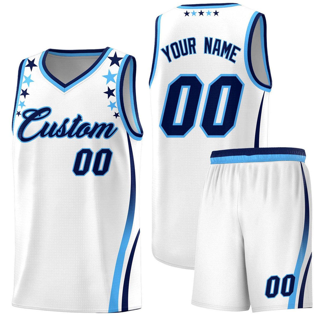Custom White Shoulders Star Pattern Side Color Block Sports Uniform Basketball Kits