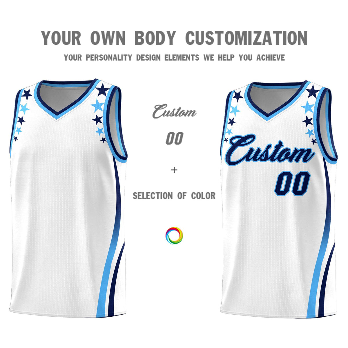 Custom White Shoulders Star Pattern Side Color Block Sports Uniform Basketball Kits