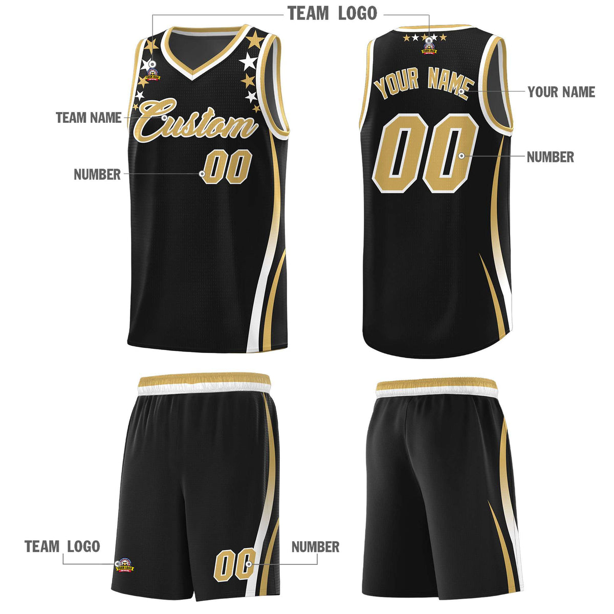 Custom Black Shoulders Star Pattern Side Color Block Sports Uniform Basketball Kits