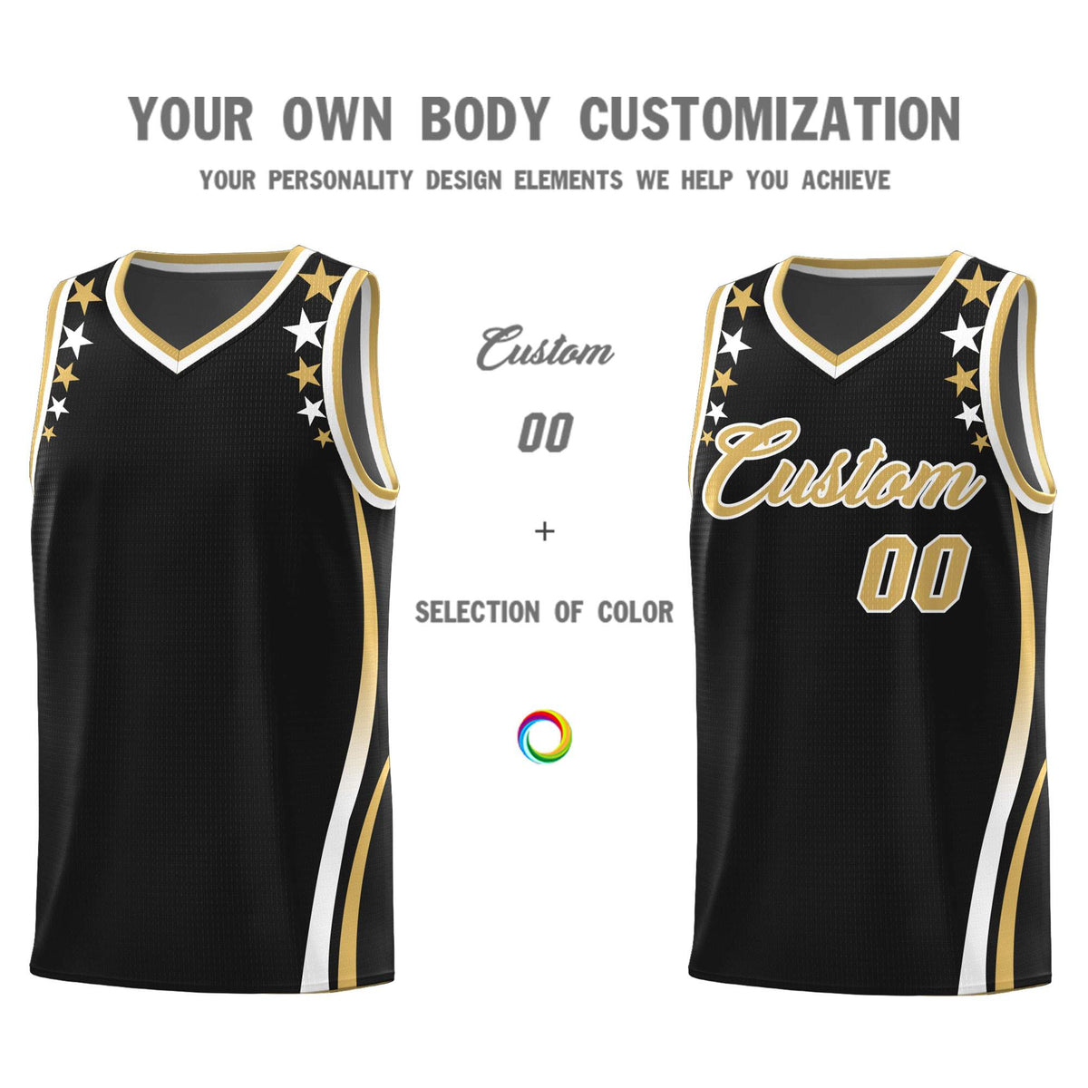 Custom Black Shoulders Star Pattern Side Color Block Sports Uniform Basketball Kits