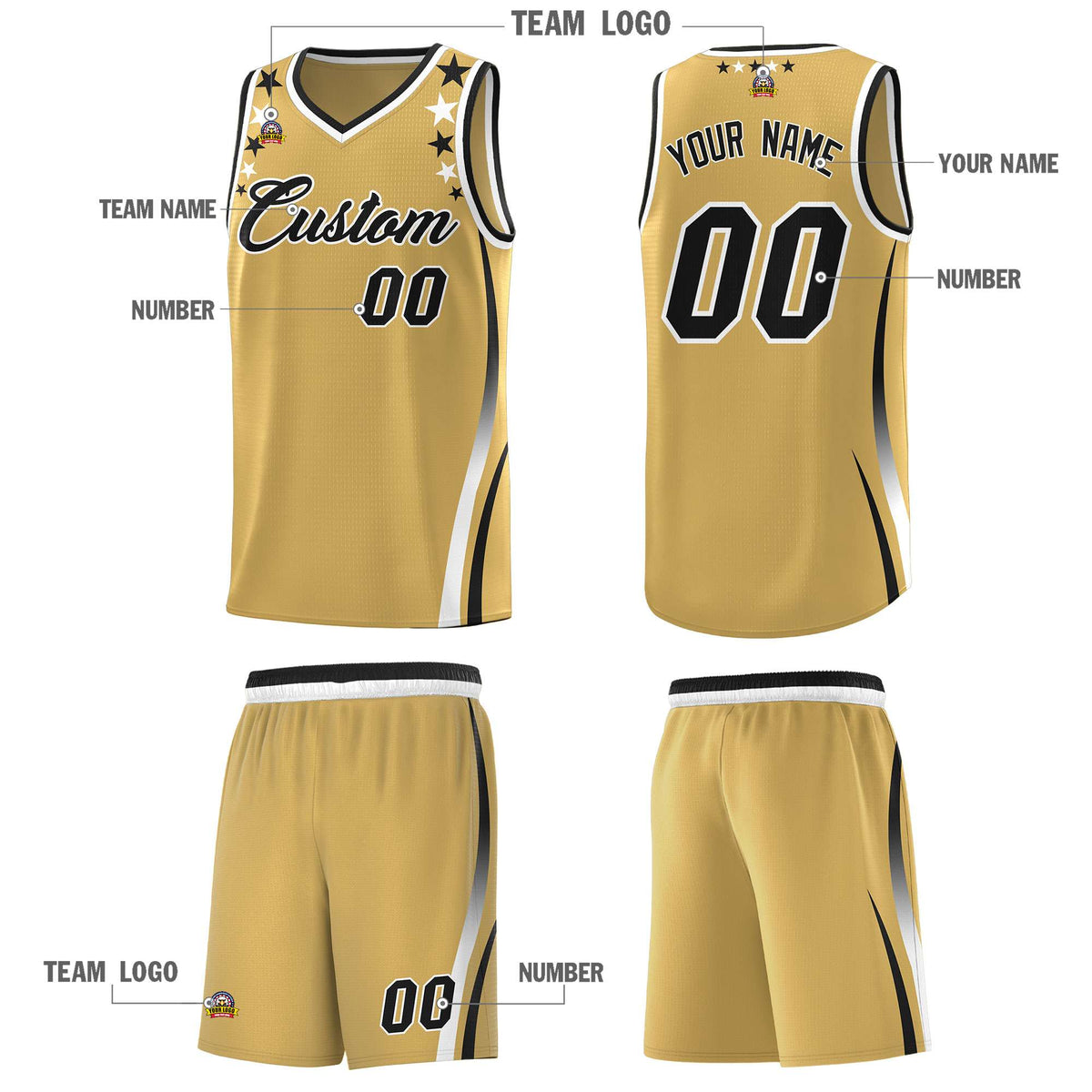 Custom Old Gold Shoulders Star Pattern Side Color Block Sports Uniform Basketball Kits