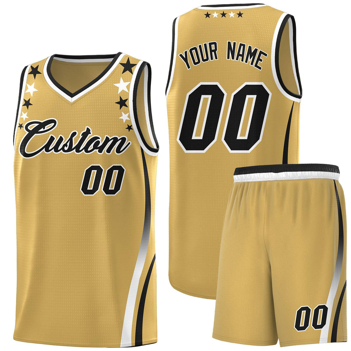 Custom Old Gold Shoulders Star Pattern Side Color Block Sports Uniform Basketball Kits
