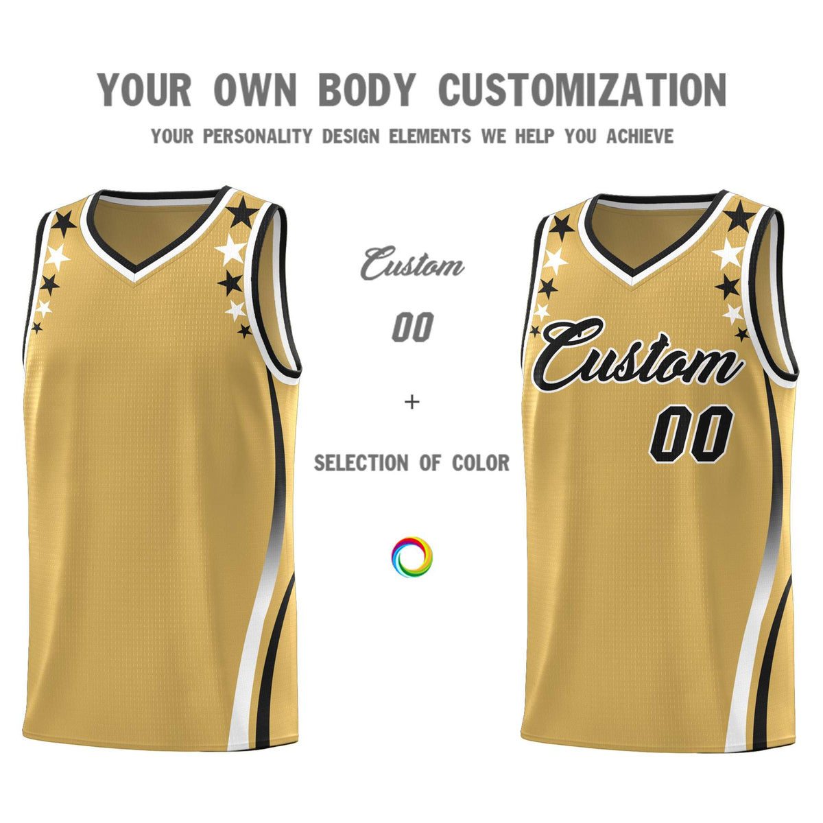 Custom Old Gold Shoulders Star Pattern Side Color Block Sports Uniform Basketball Kits
