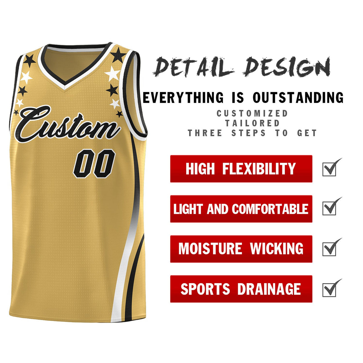 Custom Old Gold Shoulders Star Pattern Side Color Block Sports Uniform Basketball Kits