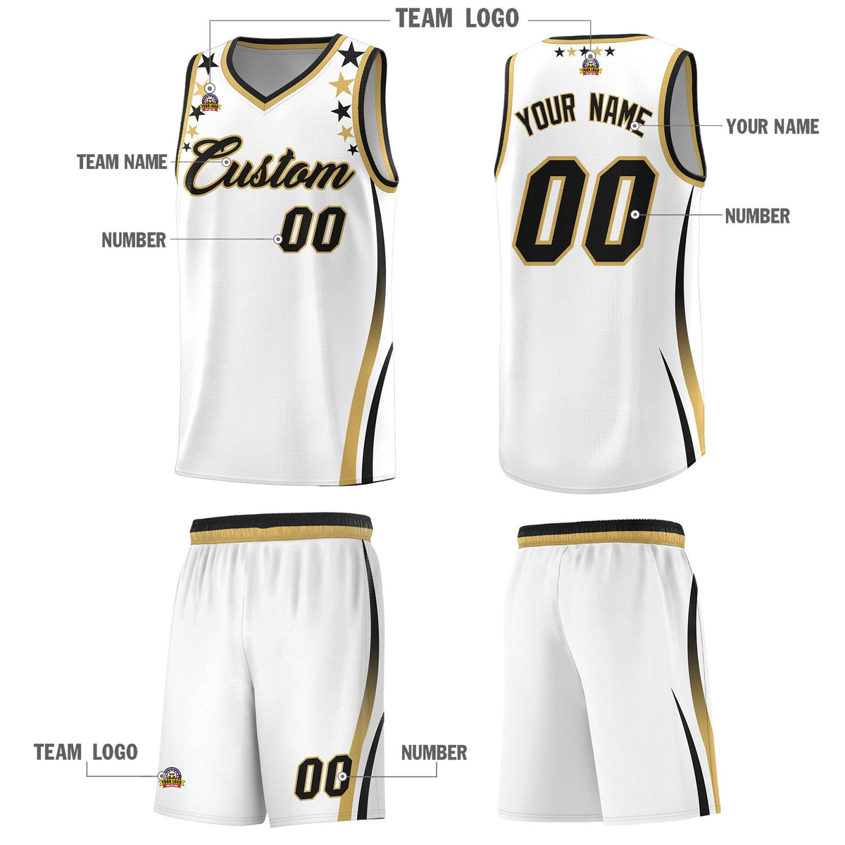 Custom White Shoulders Star Pattern Side Color Block Sports Uniform Basketball Kits