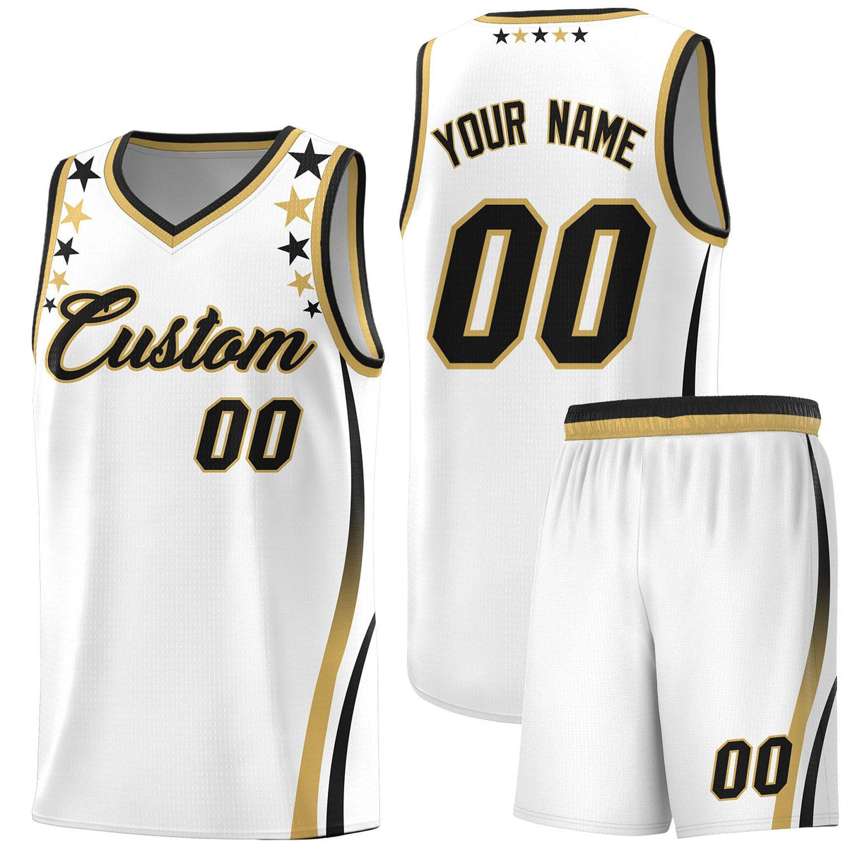 Custom White Shoulders Star Pattern Side Color Block Sports Uniform Basketball Kits