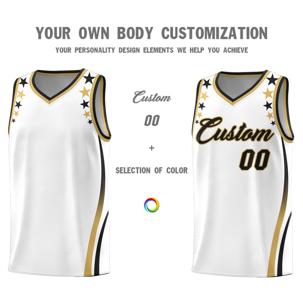 Custom White Shoulders Star Pattern Side Color Block Sports Uniform Basketball Kits