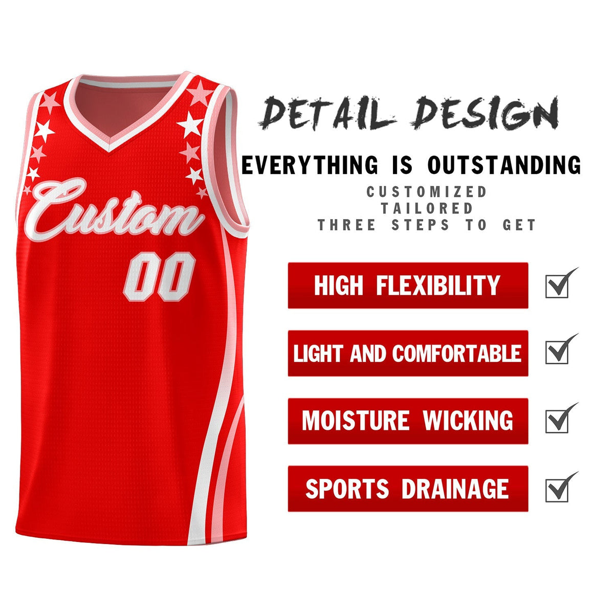 Custom Red Shoulders Star Pattern Side Color Block Sports Uniform Basketball Kits