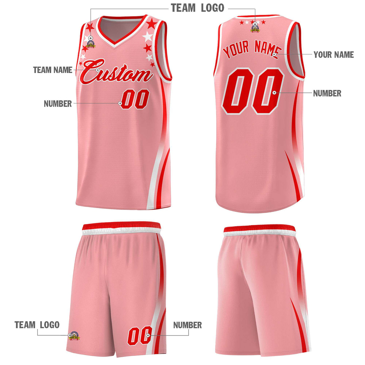 Custom Pink Shoulders Star Pattern Side Color Block Sports Uniform Basketball Kits