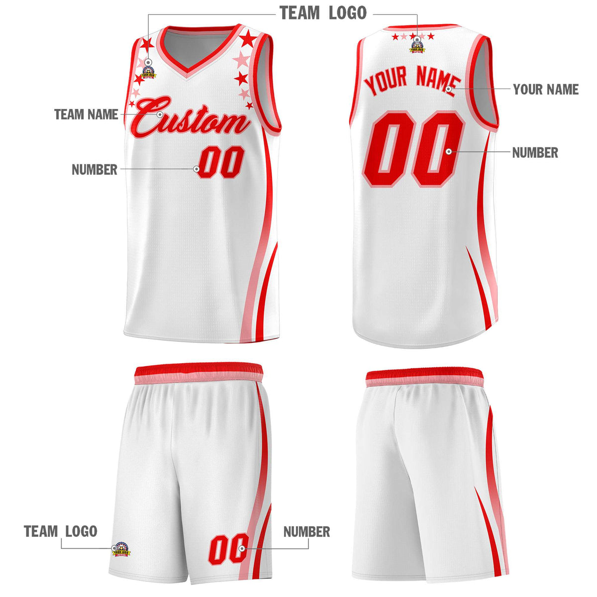 Custom White Shoulders Star Pattern Side Color Block Sports Uniform Basketball Kits