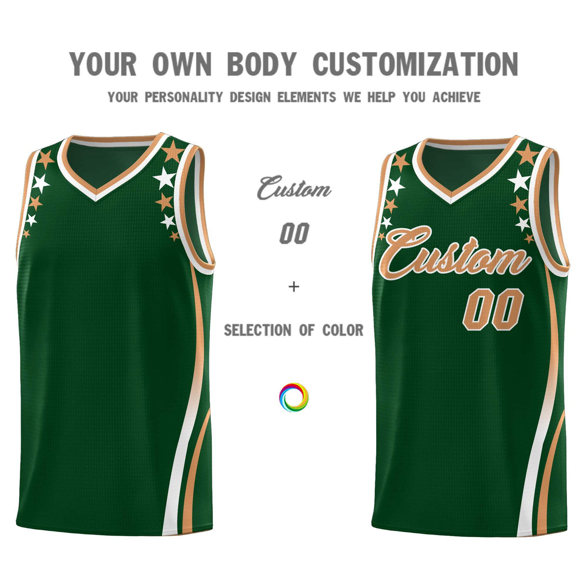 Custom Green Shoulders Star Pattern Side Color Block Sports Uniform Basketball Kits