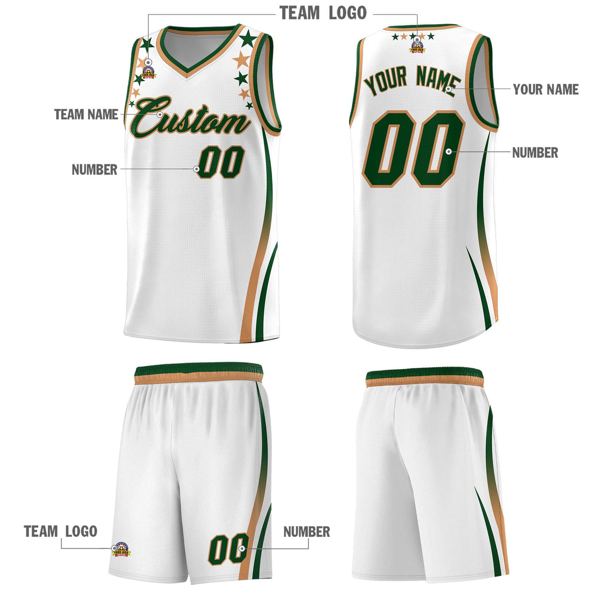 Custom White Shoulders Star Pattern Side Color Block Sports Uniform Basketball Kits