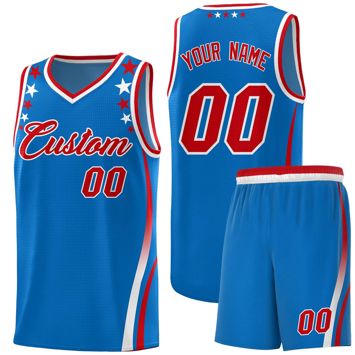 Custom Royal Shoulders Star Pattern Side Color Block Sports Uniform Basketball Kits