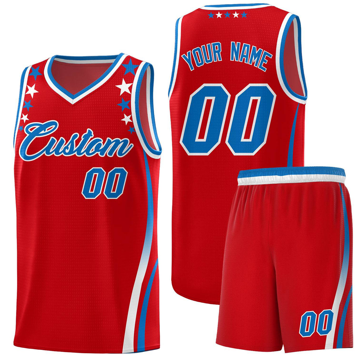 Custom Red Shoulders Star Pattern Side Color Block Sports Uniform Basketball Kits
