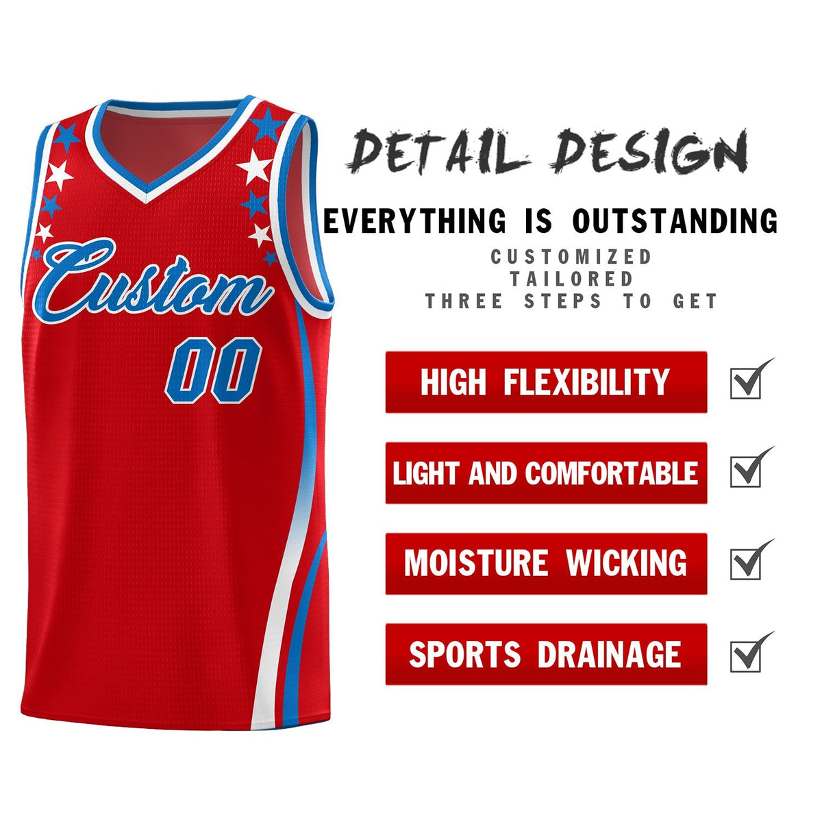 Custom Red Shoulders Star Pattern Side Color Block Sports Uniform Basketball Kits