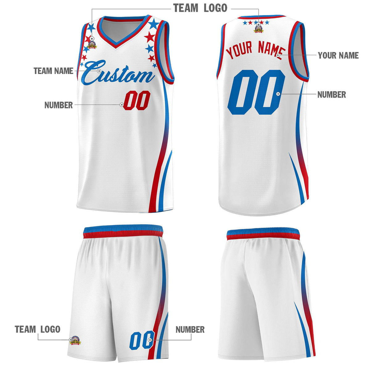 Custom White Shoulders Star Pattern Side Color Block Sports Uniform Basketball Kits