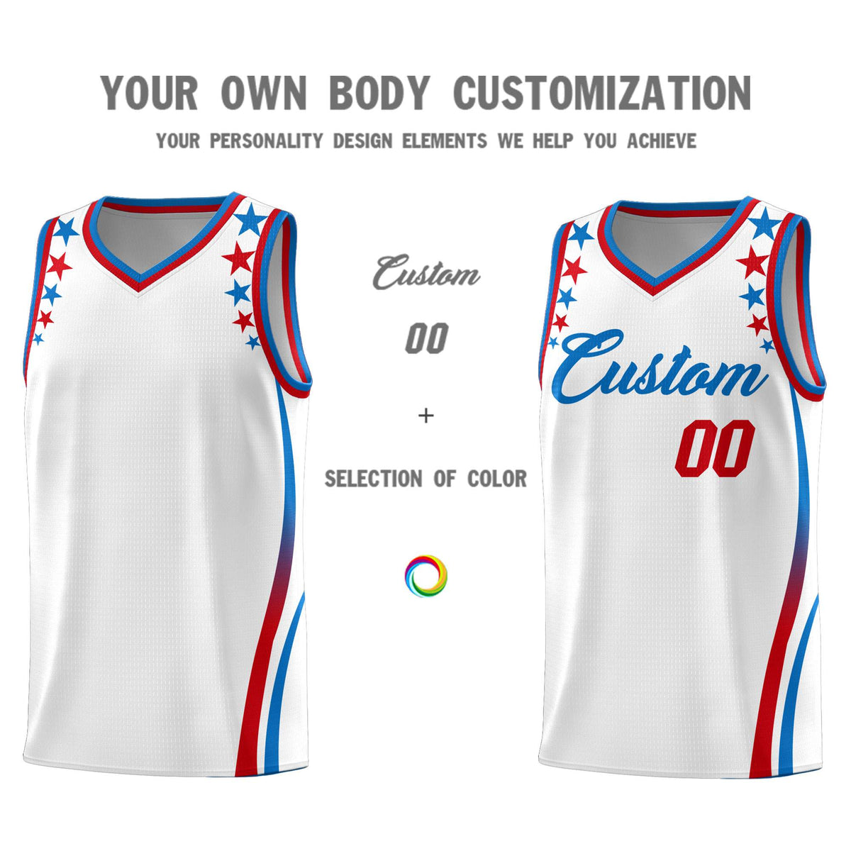 Custom White Shoulders Star Pattern Side Color Block Sports Uniform Basketball Kits