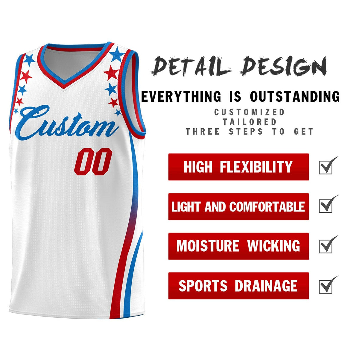 Custom White Shoulders Star Pattern Side Color Block Sports Uniform Basketball Kits