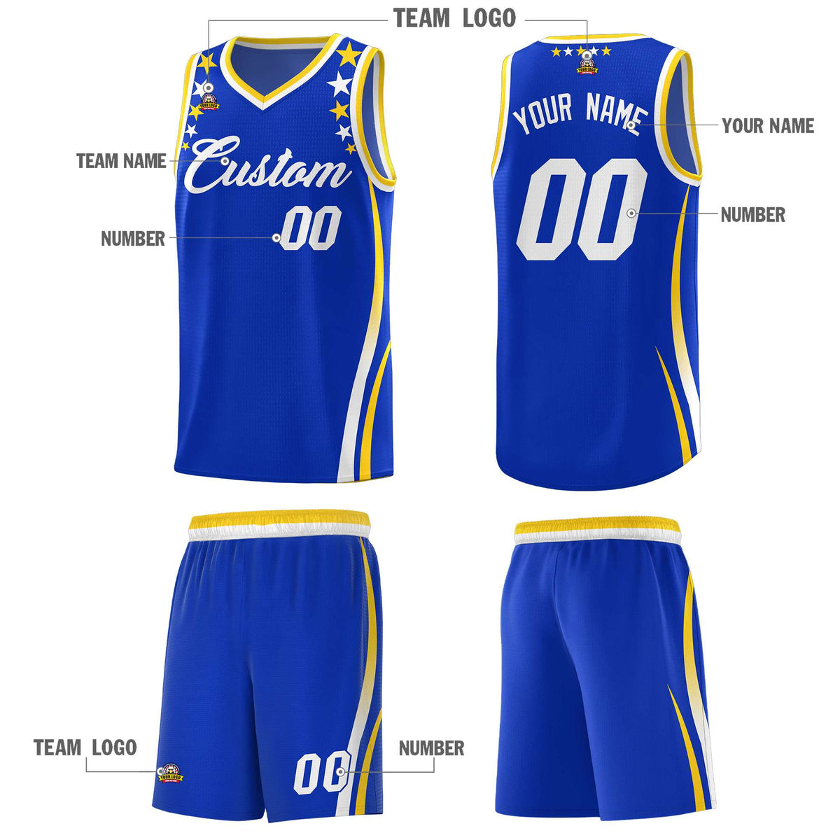 Custom Royal Shoulders Star Pattern Side Color Block Sports Uniform Basketball Kits