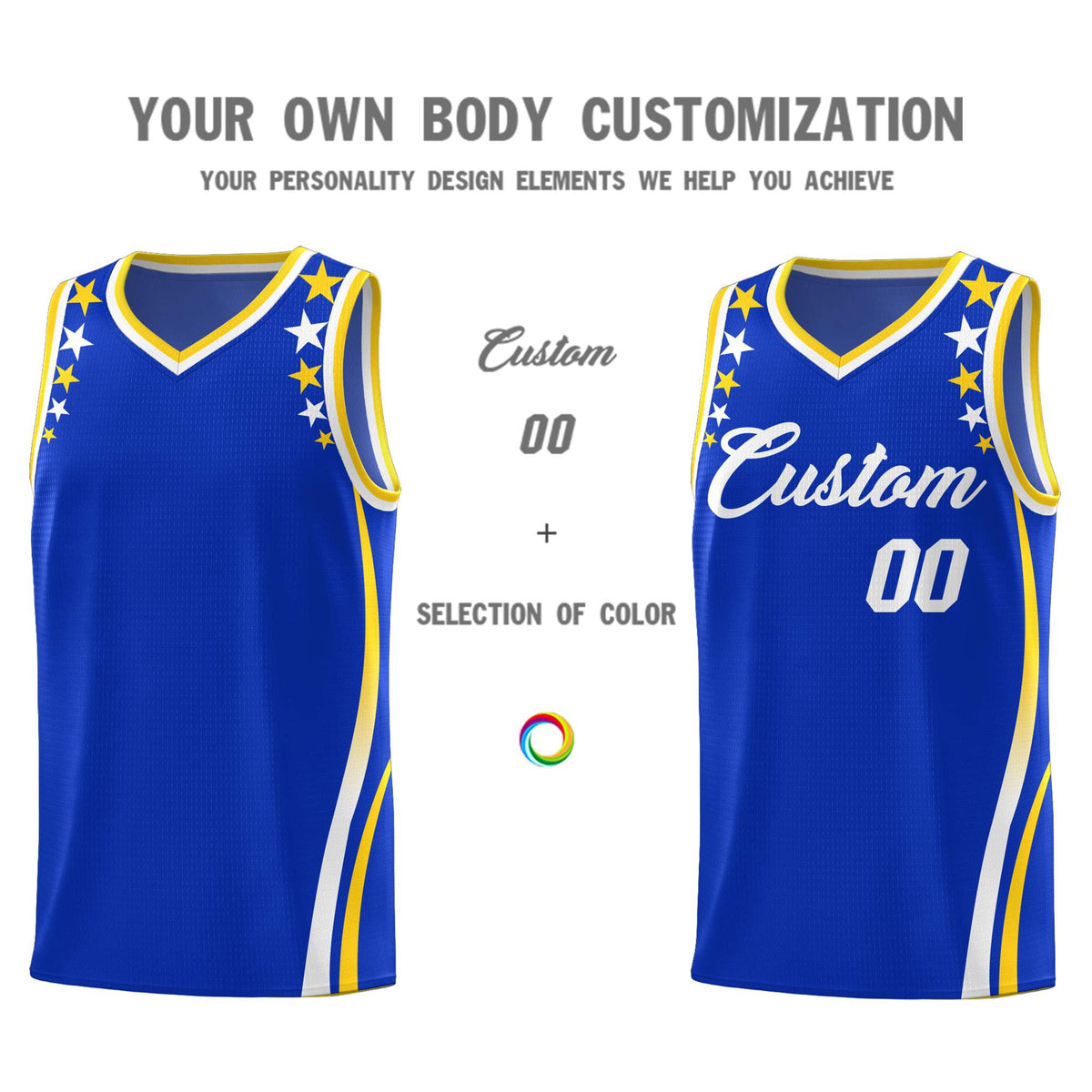 Custom Royal Shoulders Star Pattern Side Color Block Sports Uniform Basketball Kits